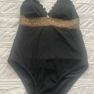 Black One-Piece Swimsuit with Gold Sequin Band